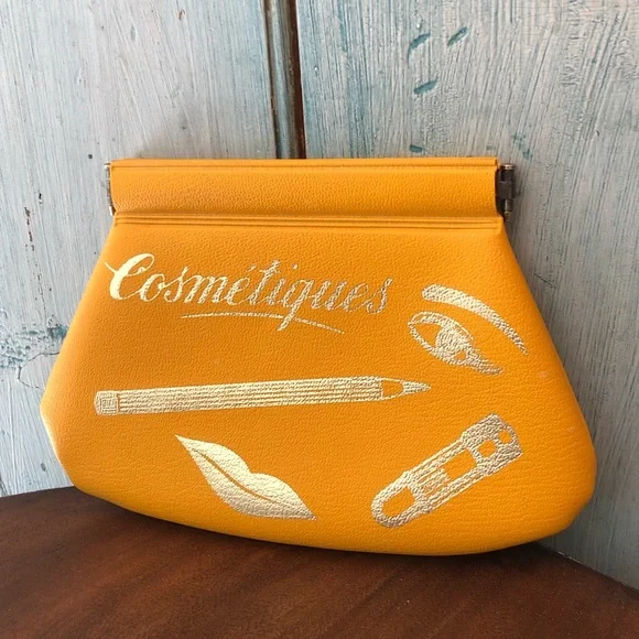 Vintage 1950’s “cosmetiques” mustard pouch for purse w/silver script & pictures - Picture 5 of 11